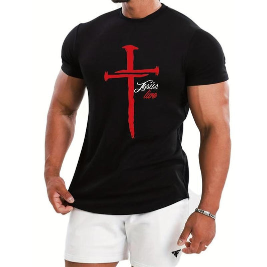 Cross & Letter JESUS LIVE Pattern Print Men's T-shirt, Graphic Tee Men's Summer Clothes, Men's Outfits Made in USA