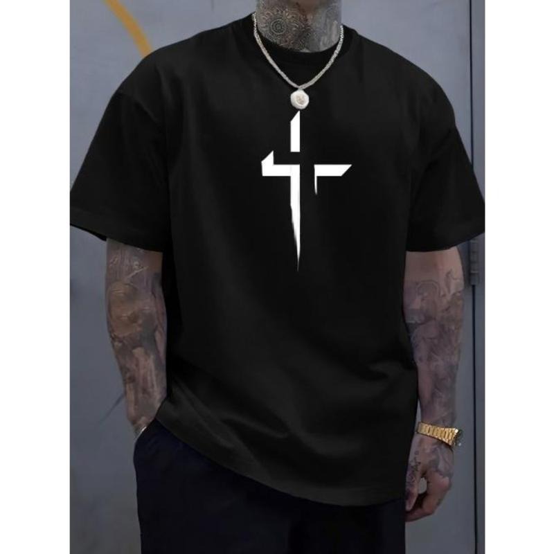 Cross Creative Print Men's Casual T-Shirt, Summer Fashion Crew Neck Short Sleeve Top, Modern Streetwear Style For Men...