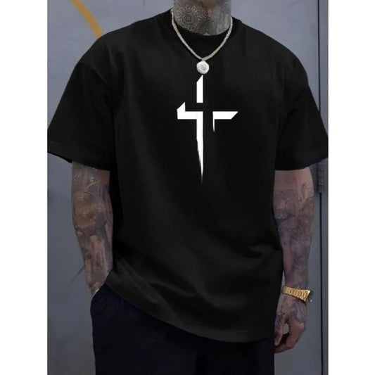 Cross Creative Print Men's Casual T-Shirt, Summer Fashion Crew Neck Short Sleeve Top, Modern Streetwear Style For Men...