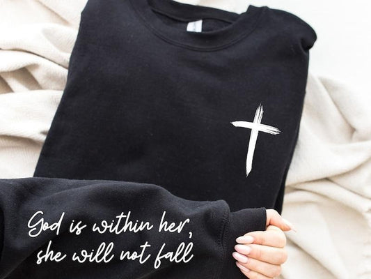 Cross Sweatshirt, Religious Sweatshirt, God Is Within Her Sweatshirt with Quote on Sleeve, Christian Sweatshirt, Jesus...