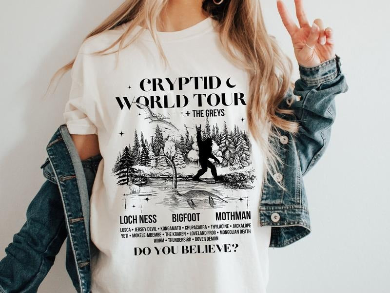Cryptid World Tour Cryptozoology T-Shirt, Bigfoot Cryptidcore Tee, I Want to Believe Supernatural Shirt, Folklore Shirt, Jackalope Loch Ness