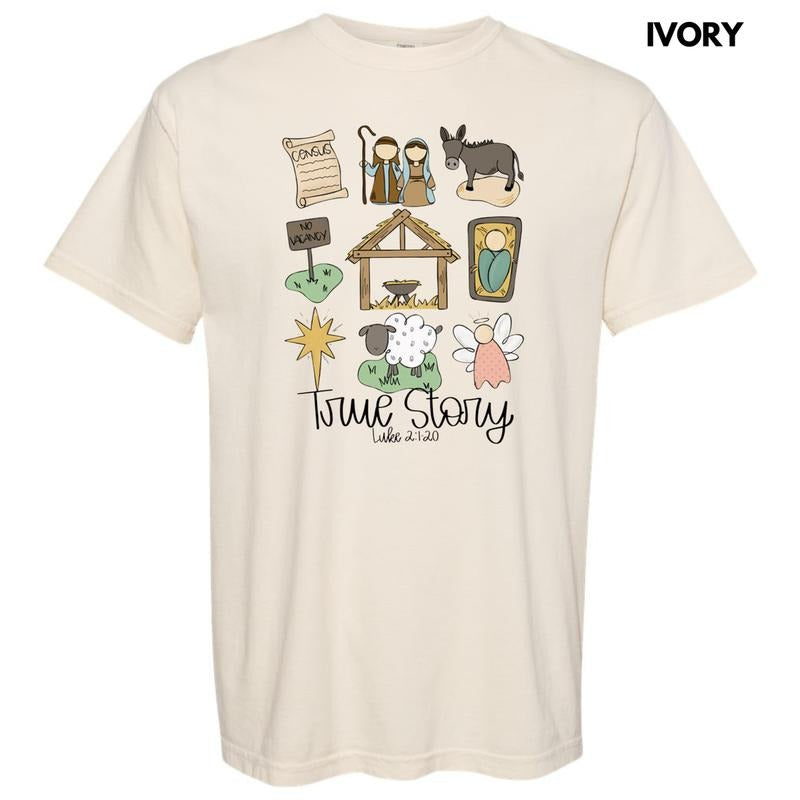 Cursive True Story Nativity Collage Comfort Colors T-Shirt Hoodie, Sweatshirt | InkThreadWorks.com