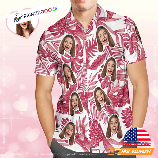 Custom Face Red Tropical Hibiscus Hawaiian Shirt