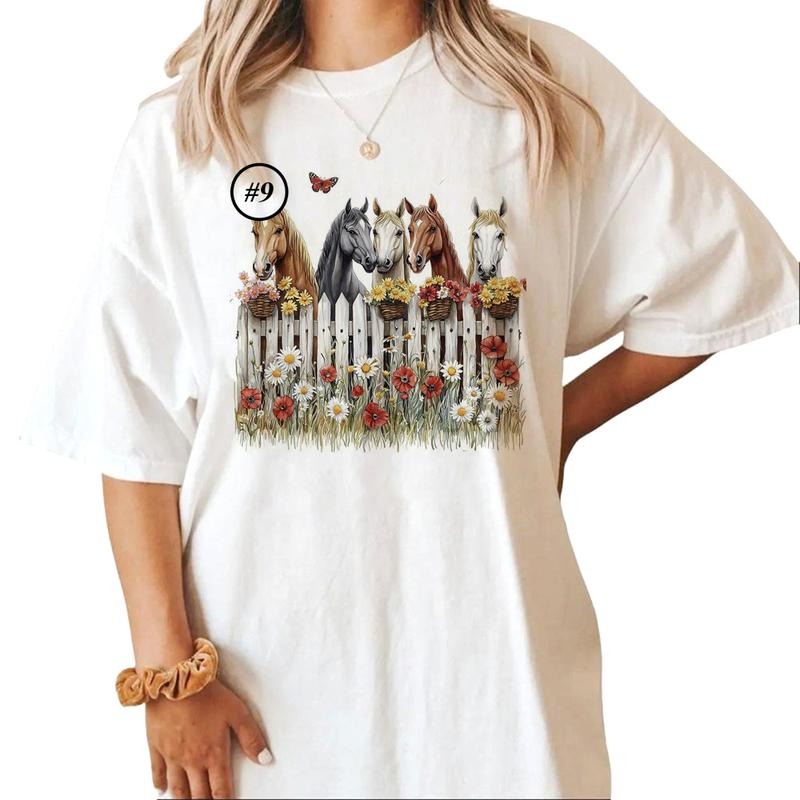 Custom Horses Looking over a Fence Unisex T-shirt Sweatshirt Hoodie Design all Watercolor Best Friends Farm Animals 1...