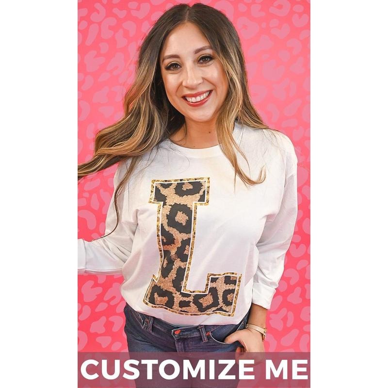 Custom Leopard Glitter Initial Long Sleeve - Chic Personal Vibes #LeopardInitial #CustomTee #GlitterStyle T-Shirts,...