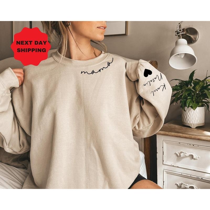 Custom Mama Sweatshirt With Kid Name On Sleeve, Personalized Mom Sweatshirt, Minimalist Momma Hoodie, Gift For Her,...