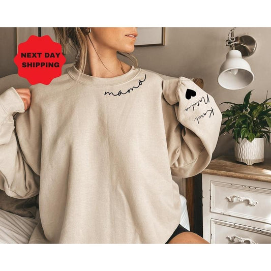 Custom Mama Sweatshirt With Kid Name On Sleeve, Personalized Mom Sweatshirt, Minimalist Momma Hoodie, Gift For Her,...