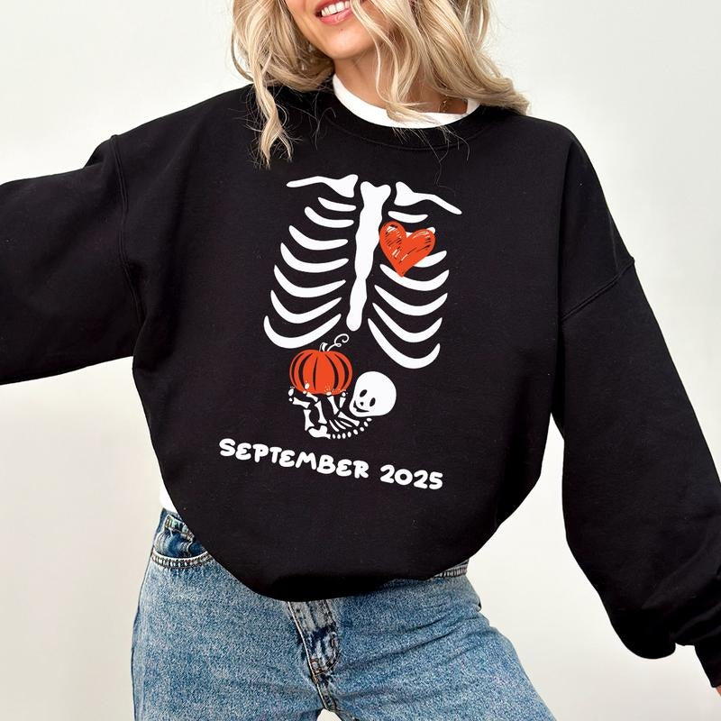 Custom Month| Skeleton Halloween Maternity Sweatshirt, Funny Pregnancy Announcement 2025 T-Shirt, Spooky Pregnant Costume, New Mommy Tee, Fall Mama to Be Gift