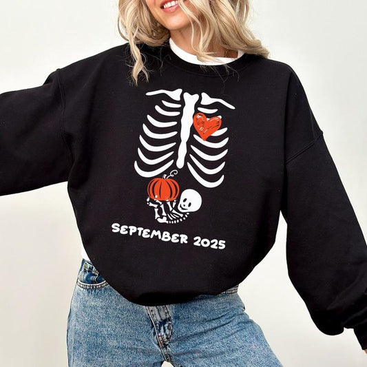 Custom Month| Skeleton Halloween Maternity Sweatshirt, Funny Pregnancy Announcement 2025 T-Shirt, Spooky Pregnant Costume, New Mommy Tee, Fall Mama to Be Gift