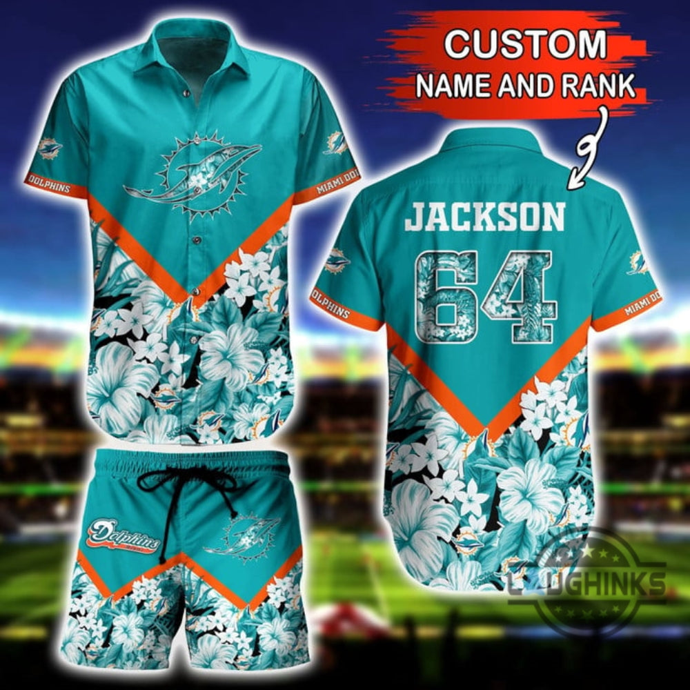 Custom Name And Number Floral Miami Dolphins Hawaiian Shirt And Shorts SALE