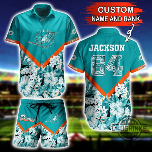 Custom Name And Number Floral Miami Dolphins Hawaiian Shirt And Shorts SALE