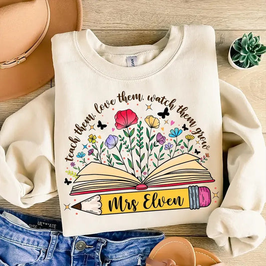 Custom Name Teacher Appreciation Shirt, Teach Them Love Them Watch Them Grow, Teacher Wildflowers T-shirt, Retro Teacher...