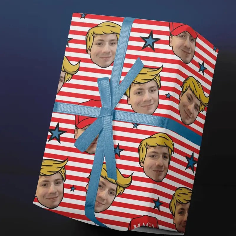 Custom Photo Donald Trump Wrapping Paper Personalized Face Gift Wrap for Him Funny Birthday MAGA Hat Unique Anniversary Gift Paper