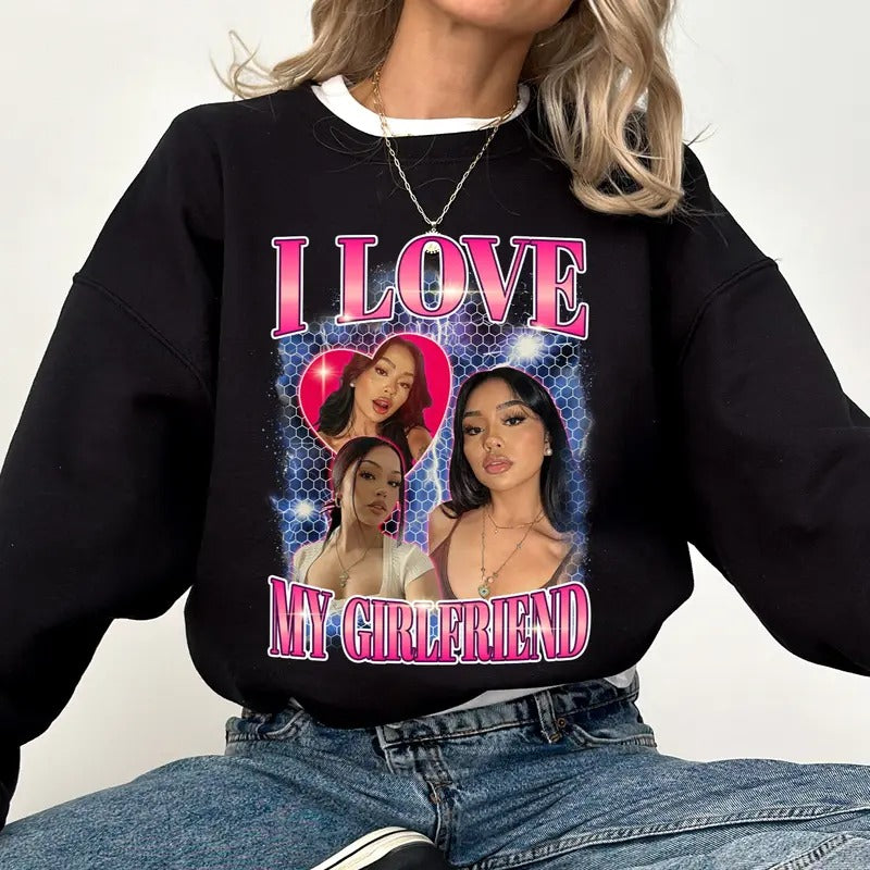 Custom Photo Girlfriend Sweatshirt for Boyfriend, Vintage Bootleg Rap Tops, I Love My Gf Crewneck, Valentine's Day Gifts for Him, Classic Menswear