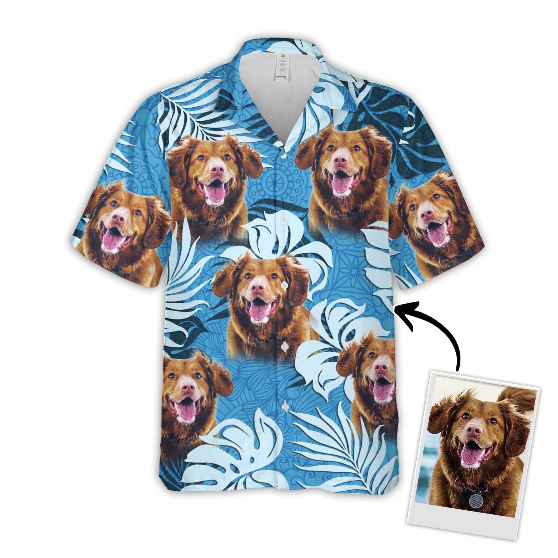 Custom Hawaiian Shirt With Pet Photo | Personalized Gift For Pet Lovers | Leaves Pattern Sea Blue Color Aloha Shirt