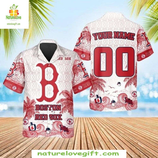 Boston Red Sox Hawaiian Shirt Custom Aloha Shirt with Ocean Palm Tree Design