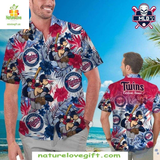 Minnesota Twins Hawaiian Shirt Custom Cartoon Baseball Hibiscus Palms