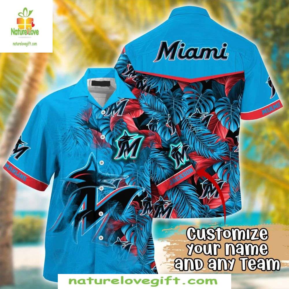 Miami Marlins Hawaiian Shirt Custom Teal Blue Tropical Leaves Baseball Apparel