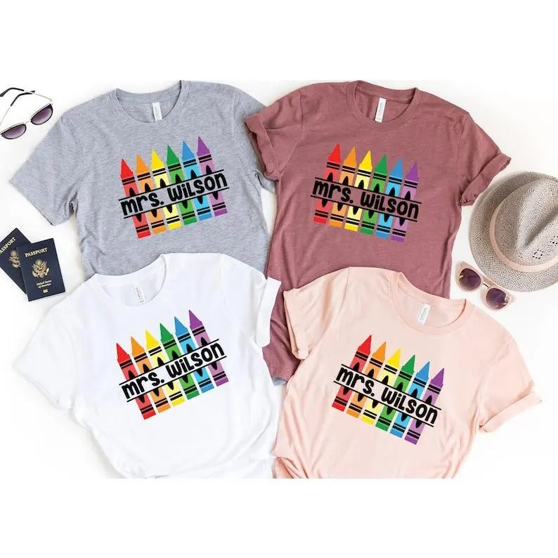 Customized Teacher Shirt, Back to School Shirt Kindergarten Teaching Shirt Personalized Name Teacher Shirt Crayon Teacher...