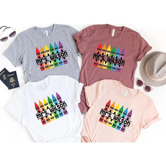Customized Teacher Shirt, Back to School Shirt Kindergarten Teaching Shirt Personalized Name Teacher Shirt Crayon Teacher...