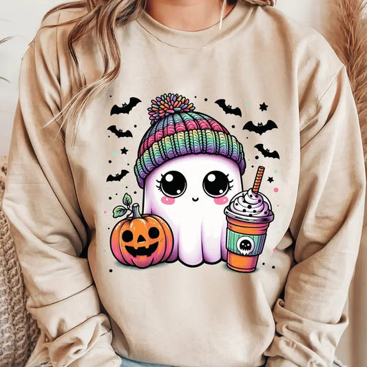 Cute Bougie Halloween Ghost with Coffee. Casual Everyday Softstyle Halloween Unisex Pullover Crewneck Sweatshirt....
