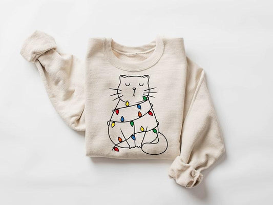 Cute Cat Christmas Sweatshirt, Cat Lover Gift For Christmas, Christmas Cat Graphic Sweatshirt, Womens Christmas Sweatshirt, Cat Mom Shirt, Hoodie and Sweater; T-shirt Cotton Polyester