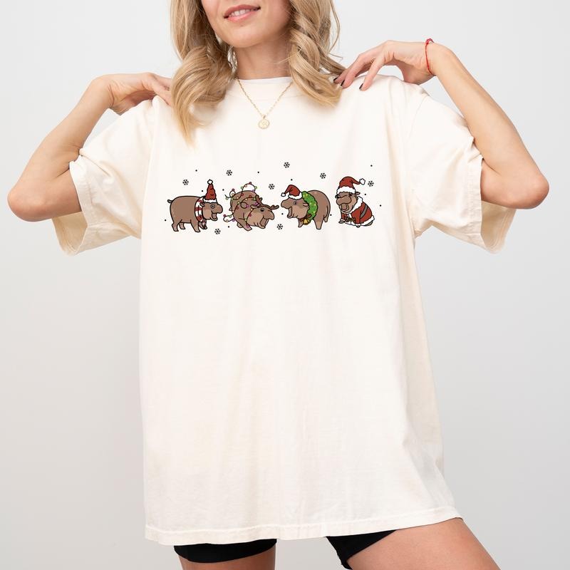 Cute Christmas Hippo Shirt Comfort Colors, Funny Baby Hippos Tees for Women, Christmas Pygmy Hippo Tshirt, 2024 Xmas...