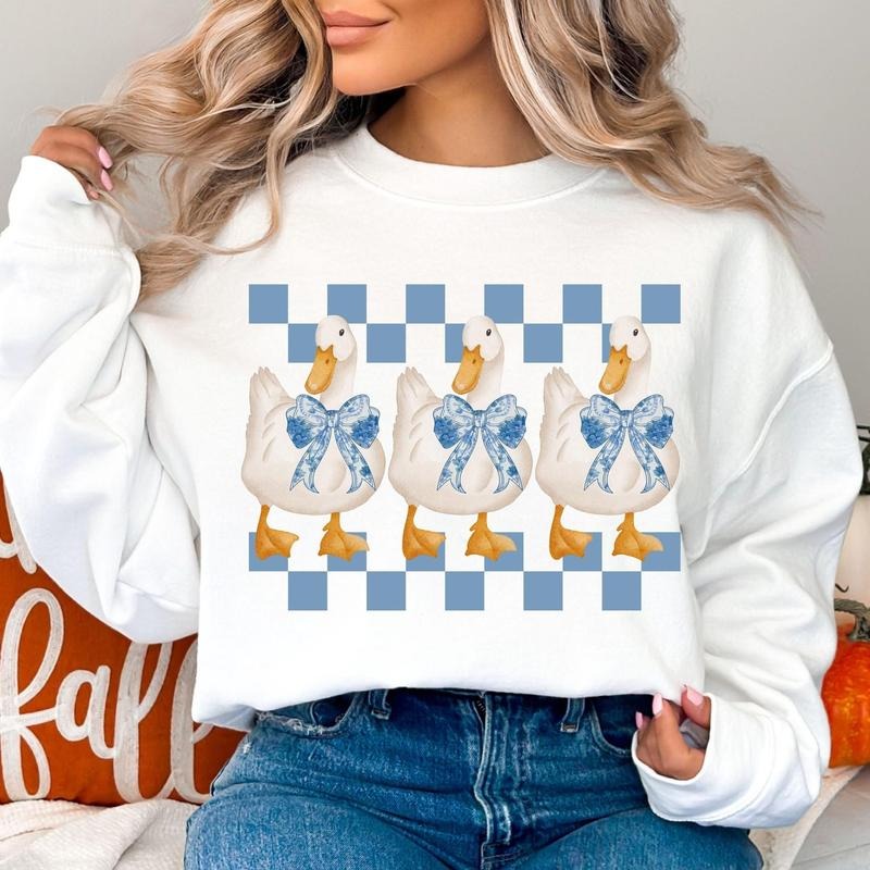 Cute Coquette Goose Shirt, Goose Lover Blue Toile Coquette Bow Tee, Checkered Girly Goose Sweatshirt Hoodie