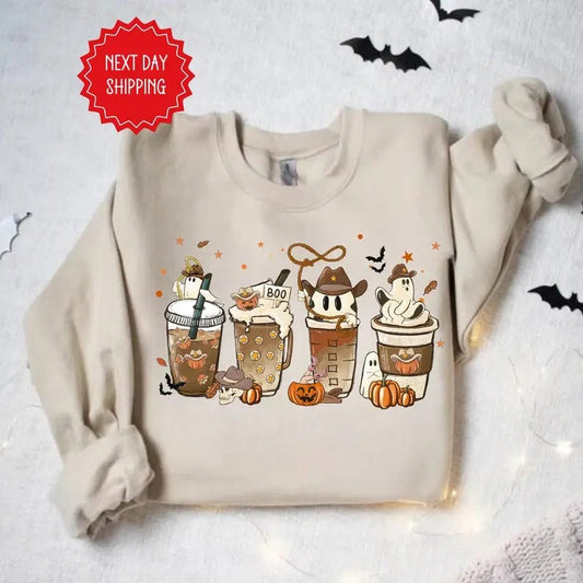 Cute Ghost Coffee Cups Sweatshirt, Halloween Western Coffee Shirt, Fall Coffee Cup Crewneck Ghost Halloween Sweatshirt...