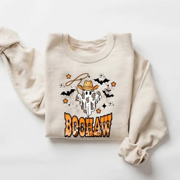 Cute Ghost Halloween Sweatshirt, Boo Haw Western Halloween Shirt, Retro Halloween Shirt, Country Cowgirl Halloween Shirt,...