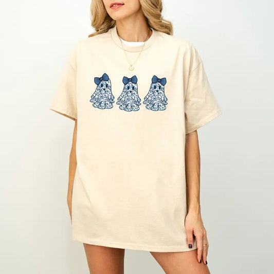 Cute Ghost Shirt, Blue Toile Boujee Ghost Shirt, Coquette Blue Floral Halloween Bow Ghost Shirt, Floral Girly Ghost Shirt...