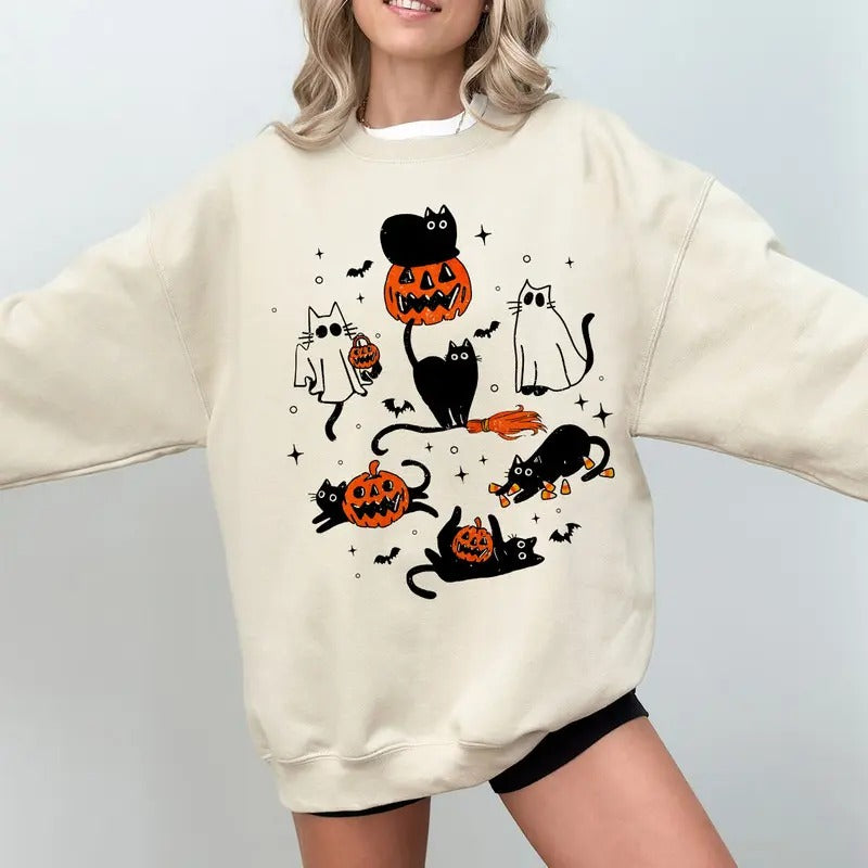 Cute Halloween Ghost Boo Cat Sweatshirt, Ghost Shirt, Retro Black Cat Pumpkin Halloween Sweater, Halloween Cat Shirt,...