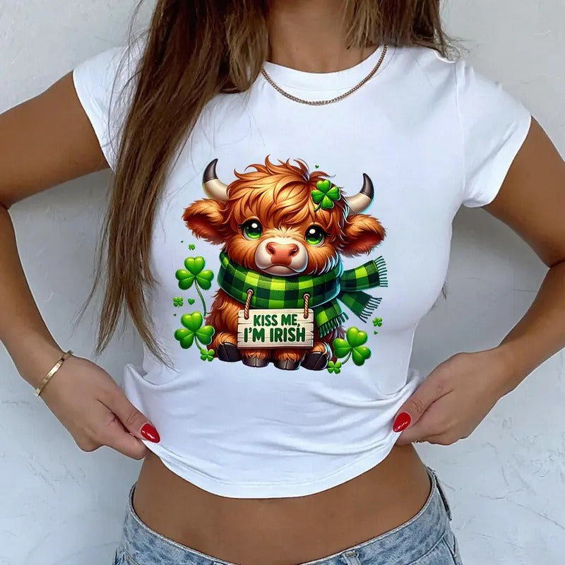 Cute Highland Cow. St Patricks Day Baby Tee, St Pattys Day Baby Tee Hoodie, Sweatshirt | InkThreadWorks.com
