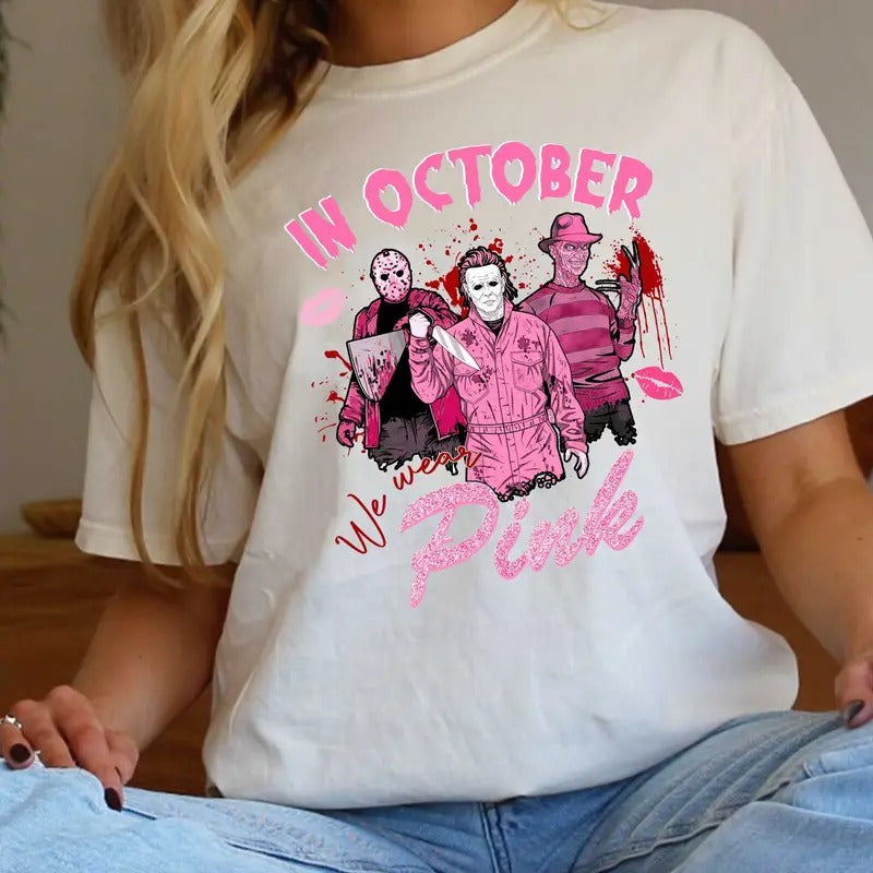 Cute In October We Wear Pink Shirt, JasonVoorhees Micheal Myers Chucky Tee, Vintage Shirt Hoodie Sweatshirt For...