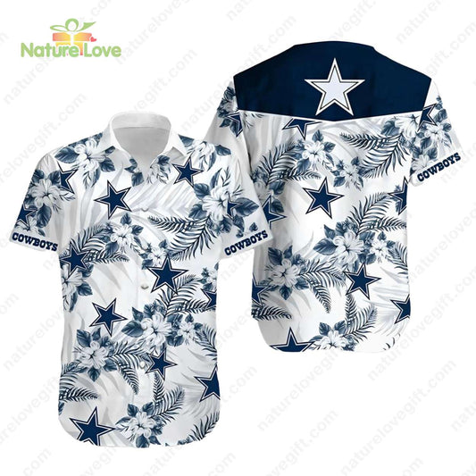 Dallas Cowboys Tropical Leafs Hibiscus Button Up Hawaiian Shirt