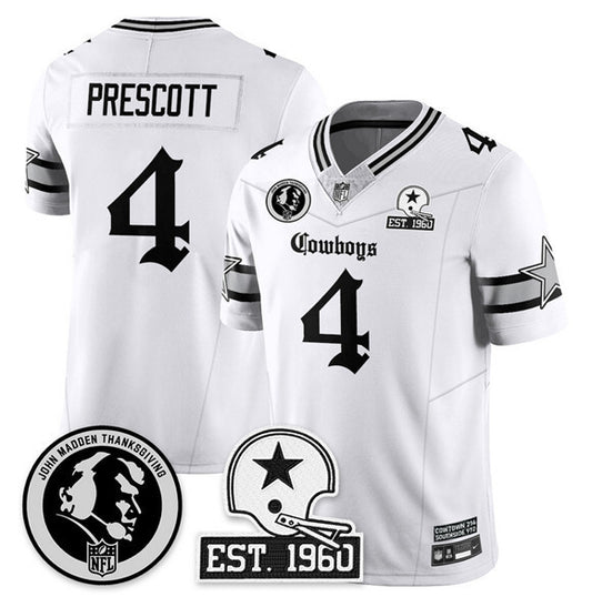 Dallas Cowboys #4 Dak Prescott White 2025 F.U.S.E. With John Madden Patch &