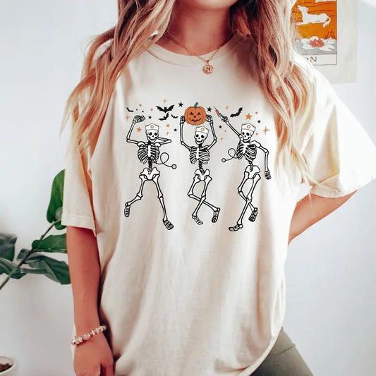 Dancing Nurse Skeletons Halloween Comfort Colors Shirt, Retro Halloween Nurse Shirt for Halloween Party Costume Collar...