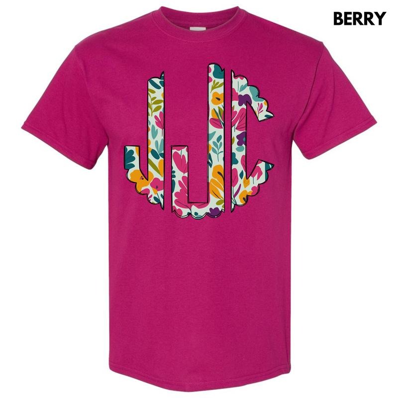 Dark Floral Monogram Gildan Short Sleeve T-Shirt 'NLB' Hoodie, Sweatshirt | InkThreadWorks.com