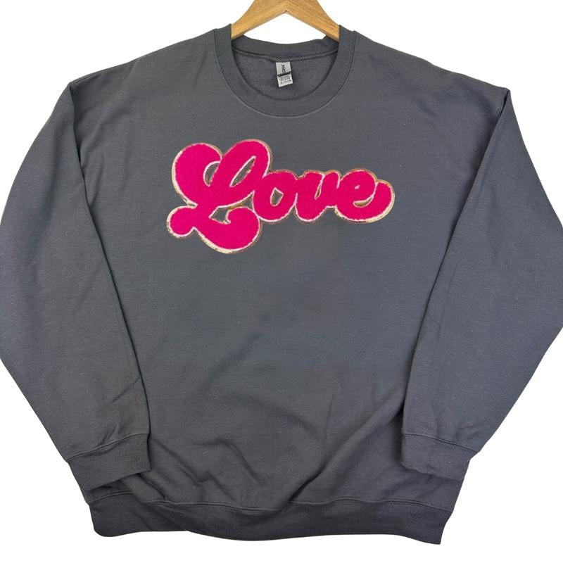 Dark Pink Chenille Love Patch Sweatshirt -- CHARCOAL T-Shirts, Hoodie | InkThreadWorks.com