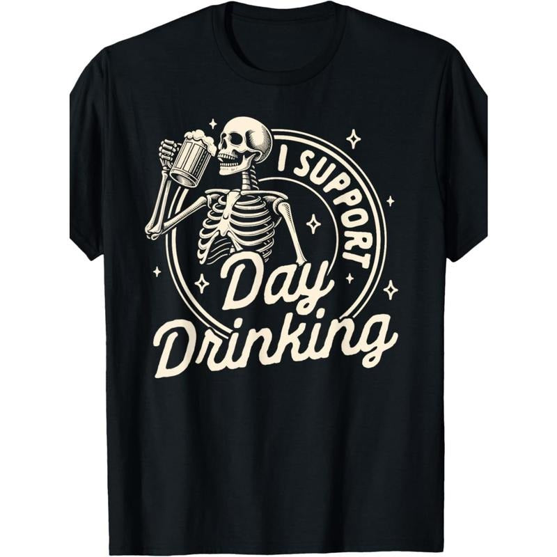 Day Drinking Skeleton Graphic Tee - Soft Cotton, Casual Fit, Machine Washable - Perfect for Beer Lovers & Parties Made in USA