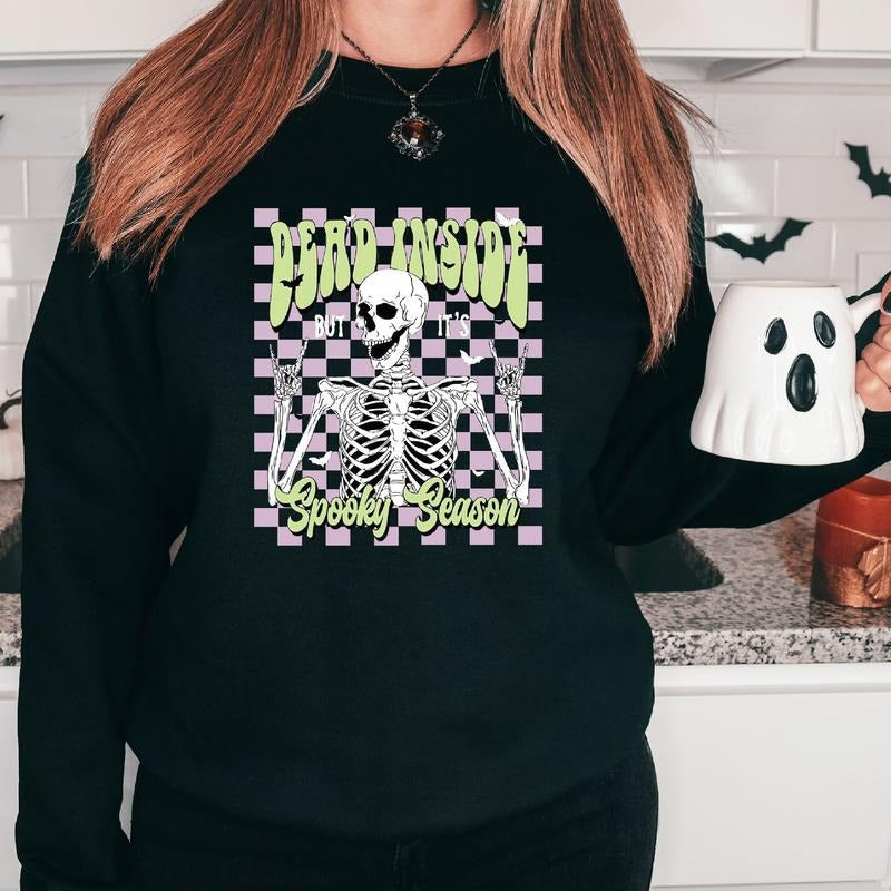 Dead Inside But It's Spooky Season Sweatshirt, Trendy Halloween Party Hoodie, Unisex Sarcastic Skeleton Gift Sweater,...