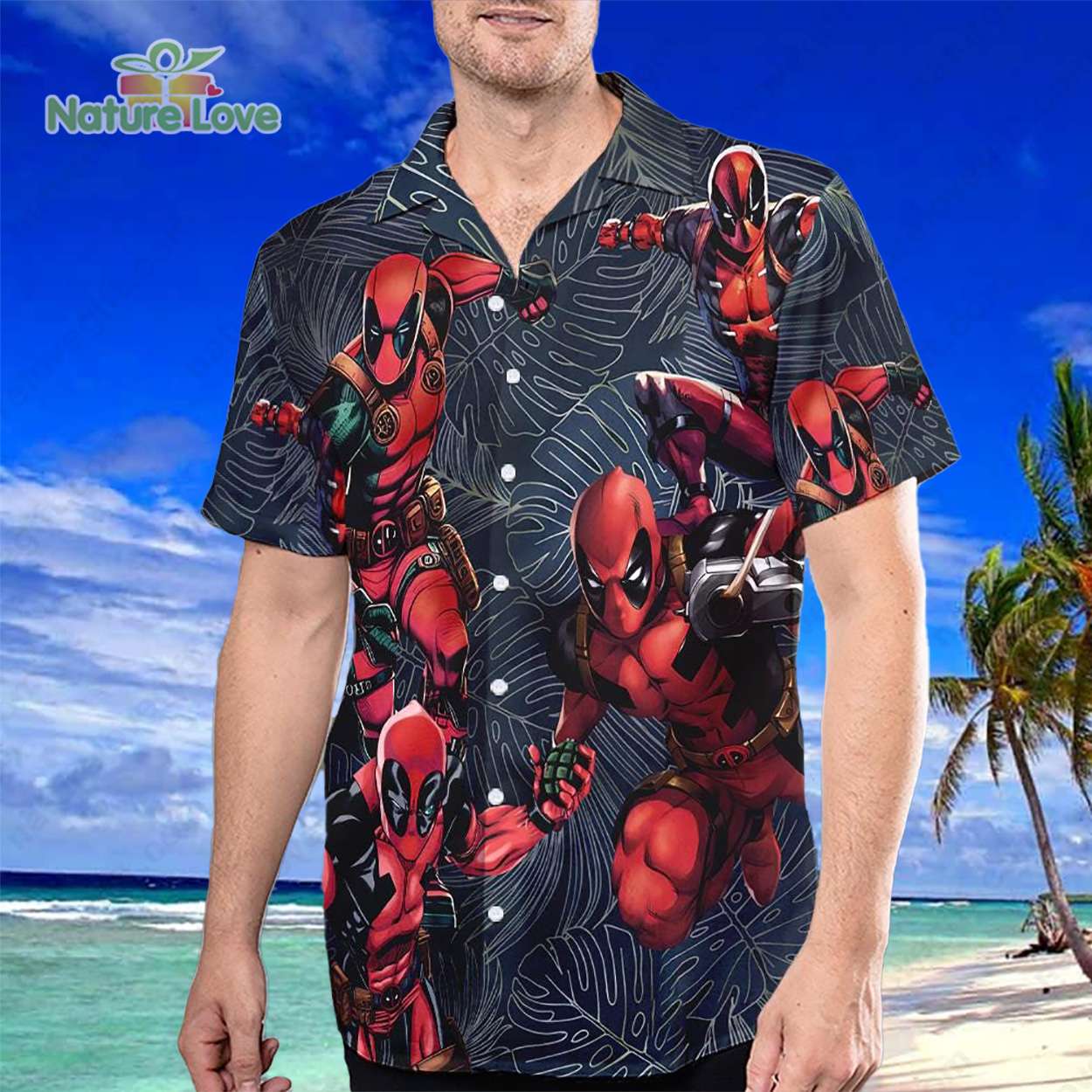 Deadpool Avengers Tropical Leaves Button Up Hawaiian Shirt