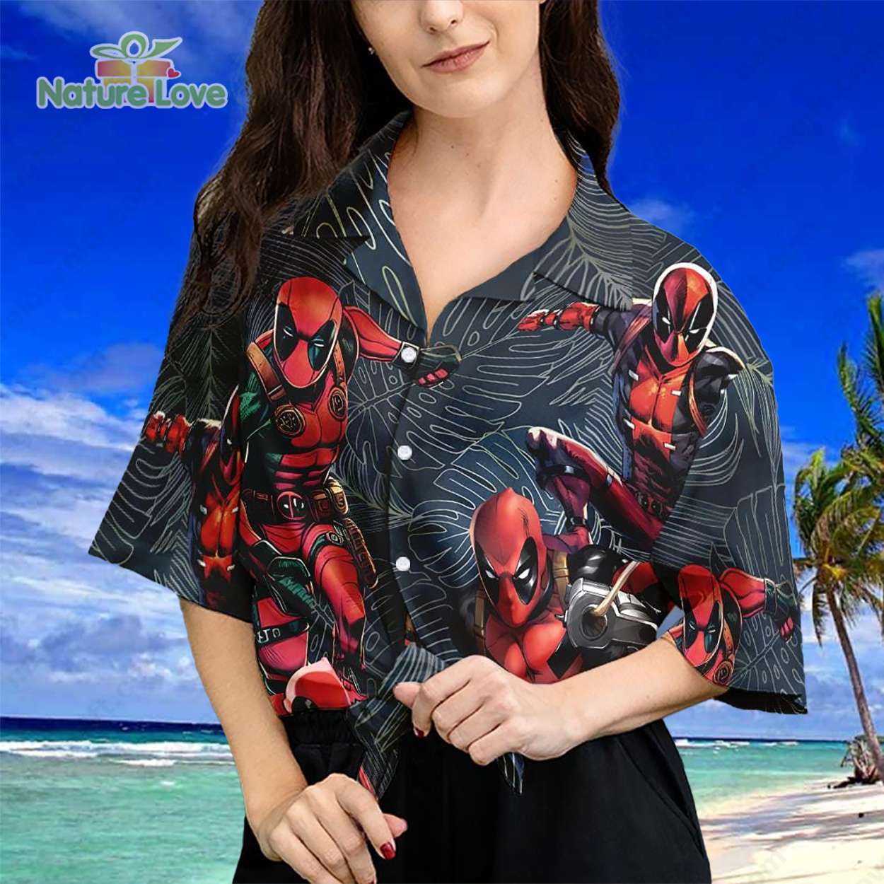 Deadpool Avengers Tropical Leaves Button Up Hawaiian Shirt