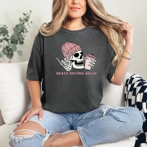 Death Before Decaf Coffee Shirt, Funny Coffee Shirt, Funny Birthday Gifts, Coffee Lover, Rock On Skeleton Hand Hoodie,...