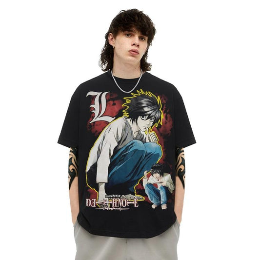 Death Note "L" Heavyweight Vintage Tee 100% Cotton OVERSIZED Anime T-shirt Menswear Top Crew Necks Tshirt Casual Streetwear Black Crewneck Tropical Shortsleeve