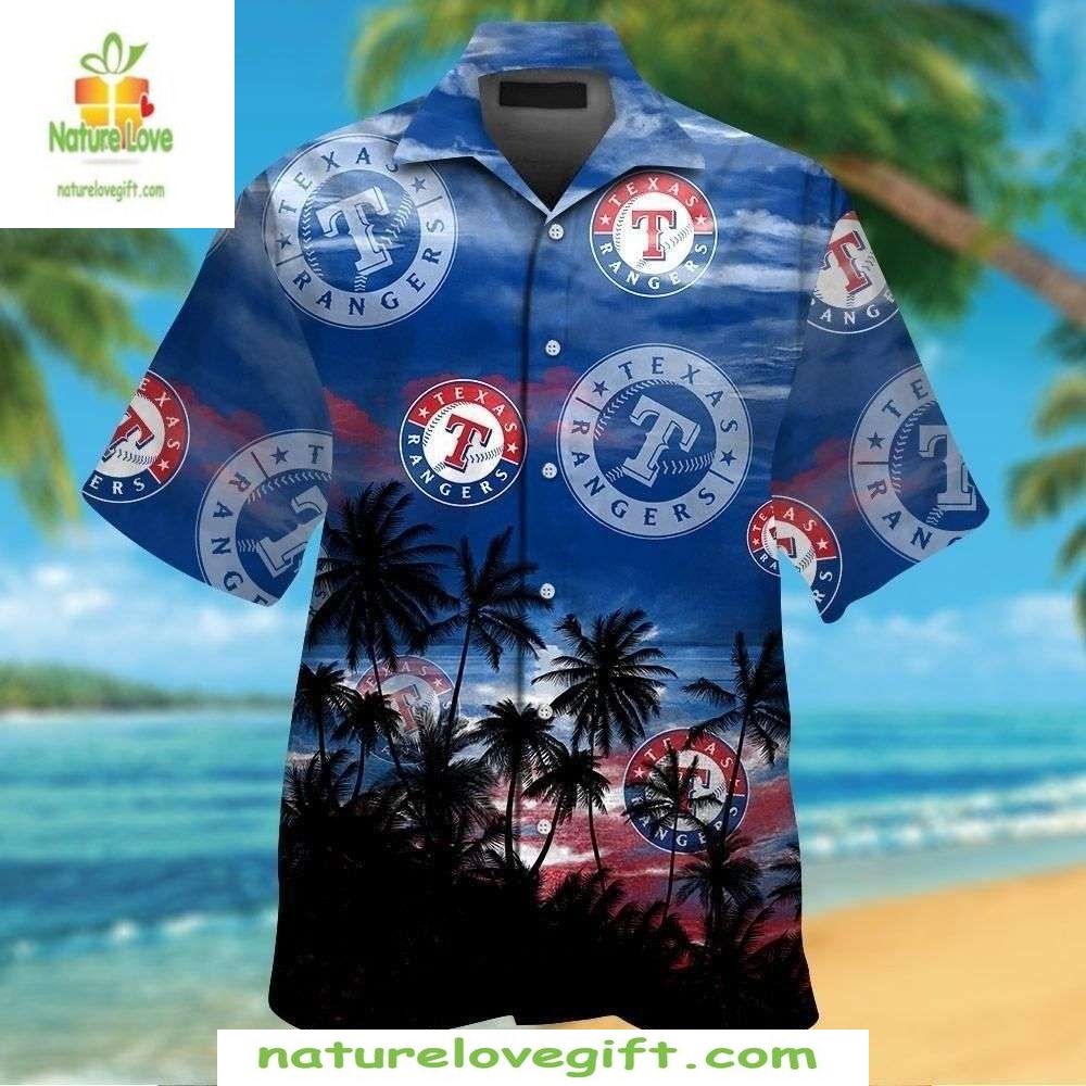 Texas Rangers Aloha Shirt Deep Blue Skies Palm Tree MLB Hawaiian Shirt