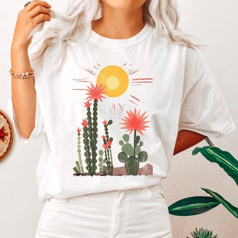 Desert Cactus Tshirt, Sun Succulent,  Western, Plants, Women's Crew Neck, Crewneck Hoodie, Sweatshirt | InkThreadWorks.com