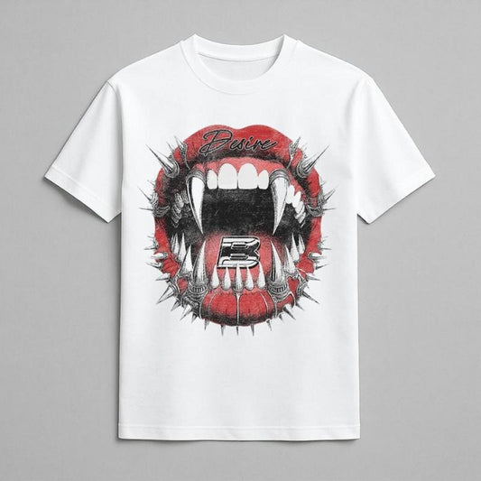 Desire Fangmouth Graphic Tee - Spiked Lips & Chrome B Bite Art Graphic Tee, Y2k Shirt, Y2k Clothing, Vintage T-Shirt, Unisex Cotton Crewneck T-Shirt Menswear Womenswear Underwear Streetwear Top