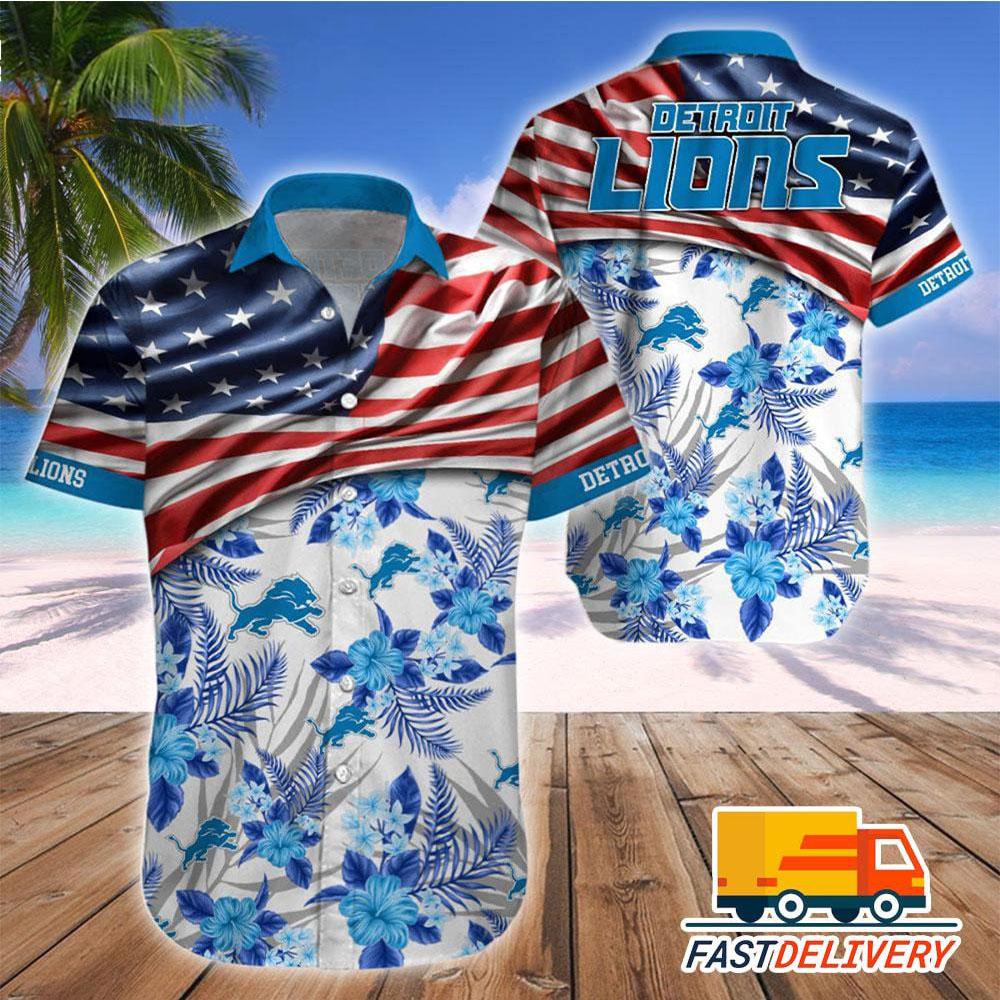 Detroit Lions Hawaiian Shirt Stars Stripes Floral Design 975337