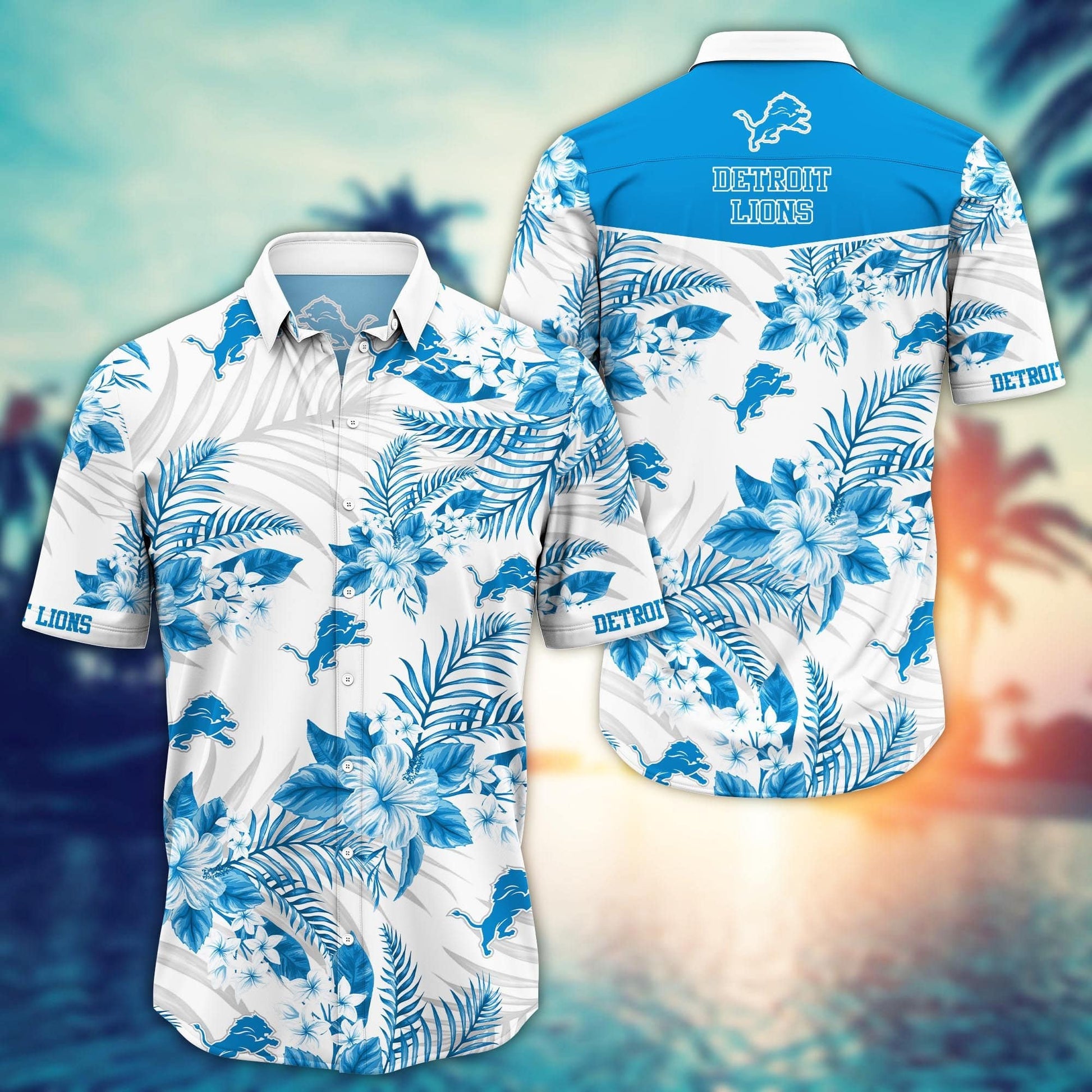 Detroit Lions Hawaiian Shirt White Tropics Design 119639